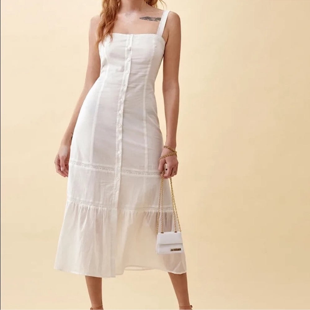 Reformation White Tiered Button-Front Midi Dress